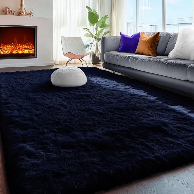 Navy Blue Rug 3x5, Fluffy Dark Blue Rugs - Image 6