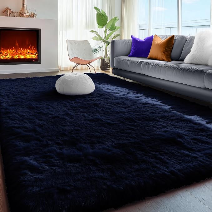 Navy Blue Rug 4x6, Fluffy Dark Blue Rugs - Image 7