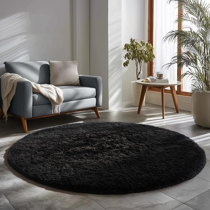 Amdrebio Black Fluffy Round Circle Rug 4Ft - Image 5