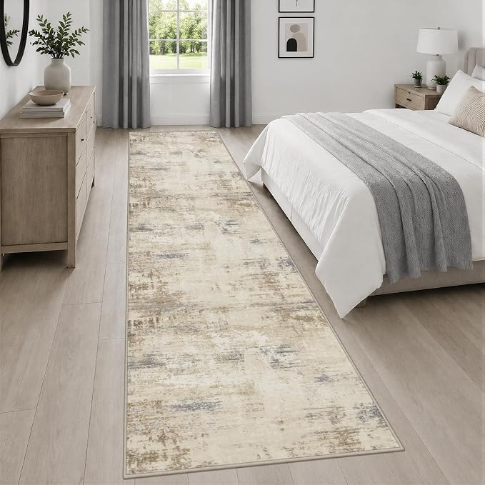 2.6x14 Washable Runner Rug:Modern Abstract Soft Carpet Beige Brown | - Image 4