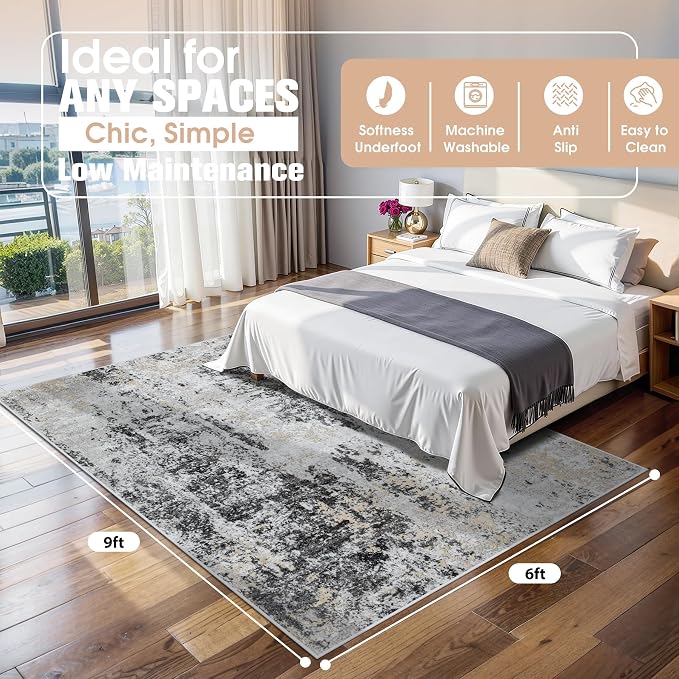 6x9 Area Rugs for Living Room Washable Bedroom Dining Room Black Grey Gold | - Image 2