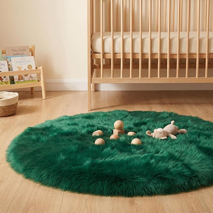 Emerald Green Faux Fur Sheepskin Round Rug 4x4 ft, Fluffy Shag Circle Rug | - Image 7