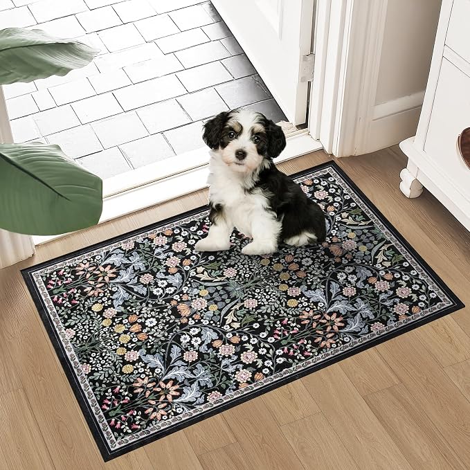 PLHXFR 2x3 Small Entryway Rug: Floral Washable Indoor Carpet Dark Black | - Image 2
