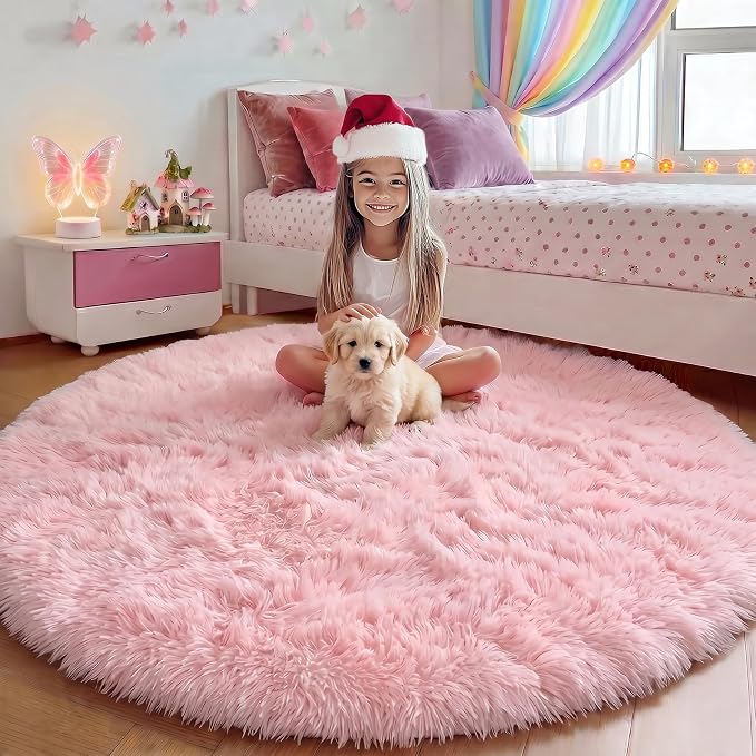 Light Pink Fluffy Round Rug 4ft by ONASAR