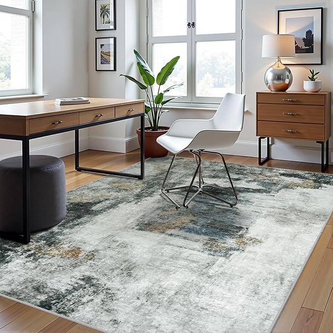 6x9 Area Rugs for Living Room Washable Bedroom Dining Room Black Gold | Modern - Image 3