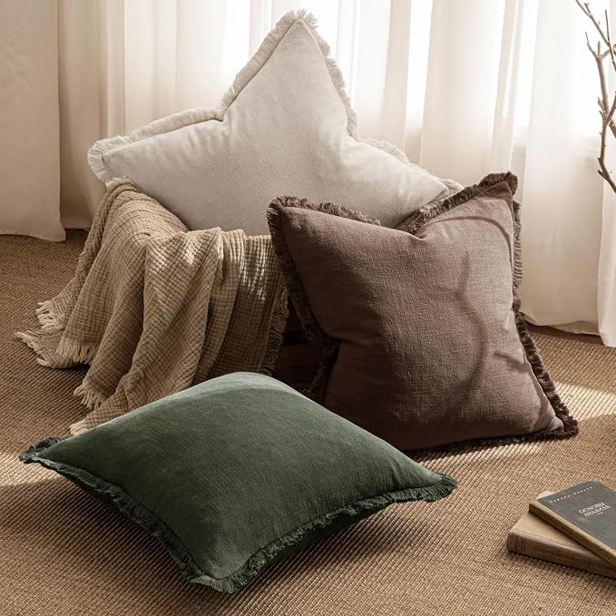 MIULEE Boho Linen Fringe Decorative Throw Pillow Covers Rifle Green 18x18 | Set - Image 5