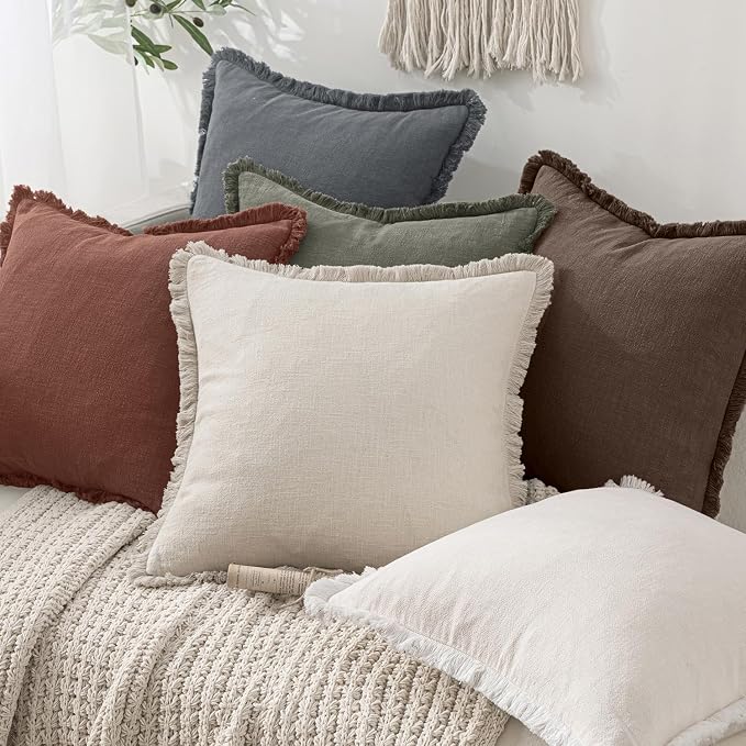 MIULEE Boho Linen Fringe Decorative Throw Pillow Covers Grey 18x18 | Set of 2 - Image 6