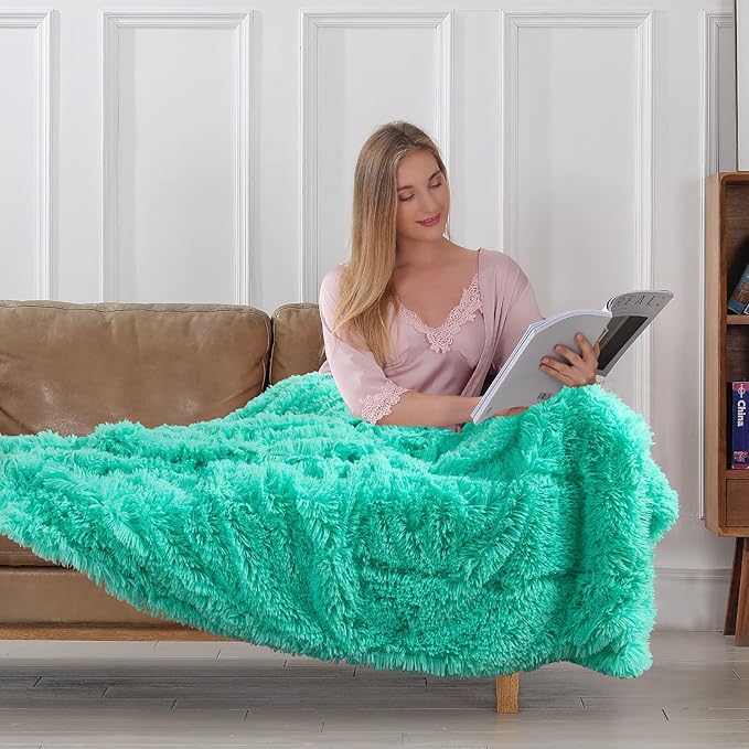Tuddrom Decorative Extra Soft Faux Fur Throw Blanket 50"x60",Solid Reversible Fuzzy Lightweight Long Hair Shaggy Blanket,Fluffy Cozy Plush Fleece Comfy Microfiber Blanket for Couch Sofa Bed,Teal Blue