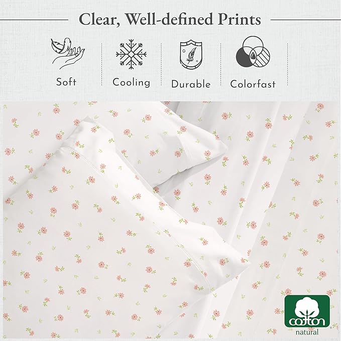 California Design Den Full Size Bed Sheets Set - 400 Thread Count Sateen, Natural 100% Cotton Sheets, Deep Pocket Cooling and Durable Bedding - Soft Floral