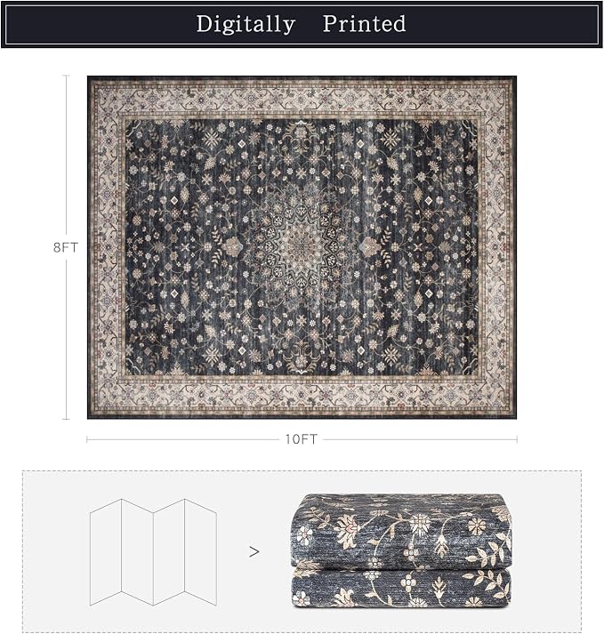 8x10 Washable Area Rugs for Living Room, Dining Room- Classic Black | - Image 2