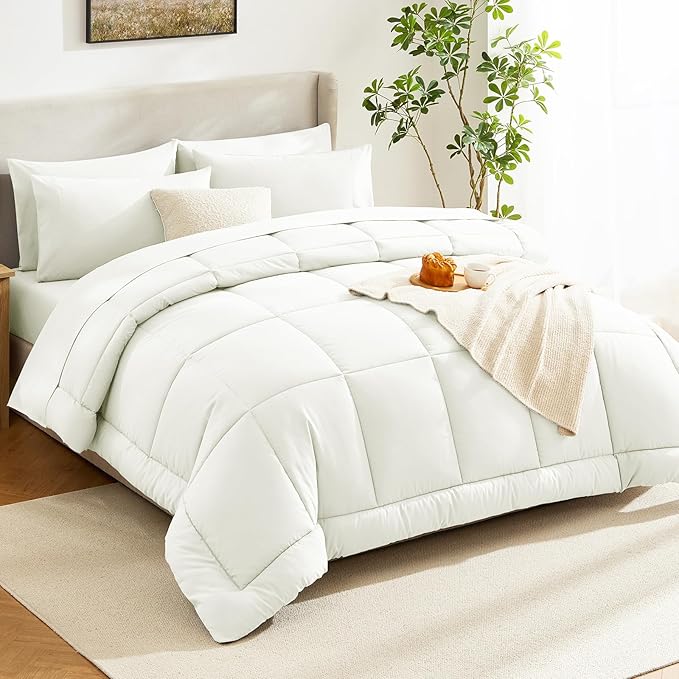 CozyLux Queen Size Comforter Set Ivory - 7 Pieces Bed in a Bag, Cream Off White Comforter Queen Size, Bedding Sets with All Season Quilted Comforter, Flat Sheet, Fitted Sheet, Pillowcases