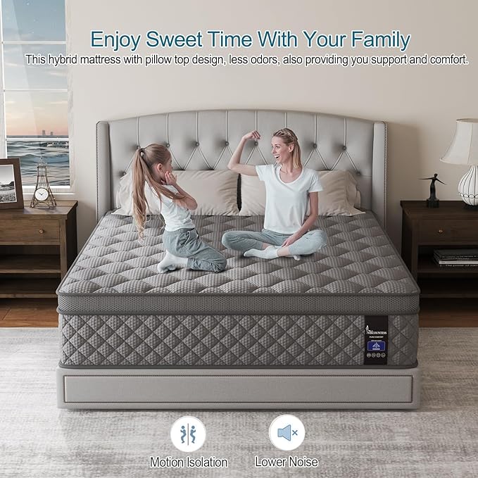 Queen Mattress, 14 Inch Hybrid Mattresses Grey Euro Top Medium Firm for Back & Lumbar Support, 100 Night Trial, Individual Pocket Spring Bed for Motion Isolation & Pressure Relief
