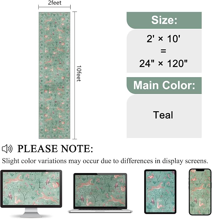 DUKINO 2x10 Kitchen Runner Rug, Soft Non Slip Animal Washable Rug, Teal | Low - Image 2