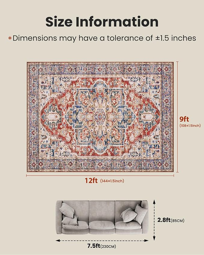 AMADA HOMEFURNISHING 9x12 Washable Area Rug, Low-Profile Large Area Rug - Image 2