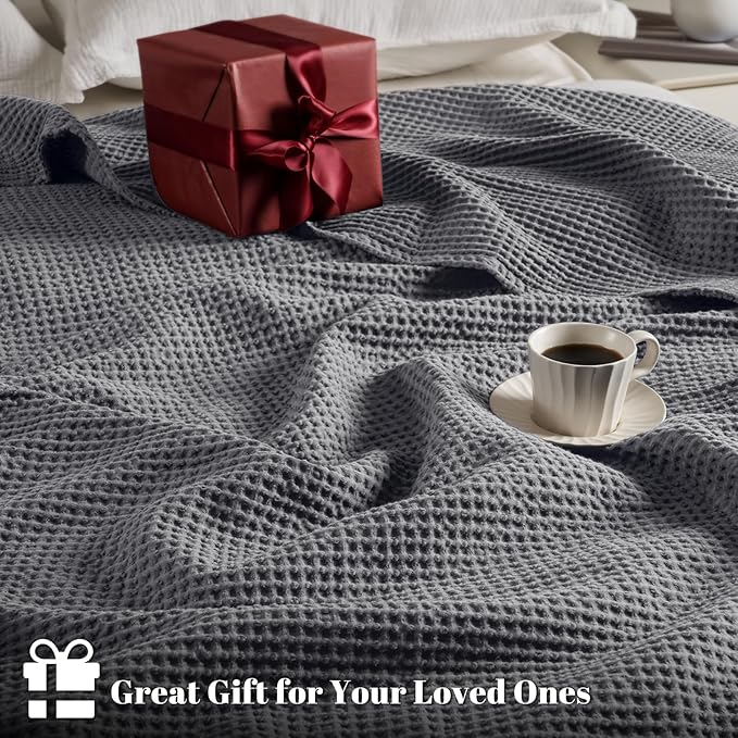 PHF 100% Cotton Waffle Weave Blanket Queen Size for Bed,Snag Proof Lightweight Breathable Moisture-wicking Throw for Couch,Great for Layering in Cold Weather,Machine Washable, Home Decor Gift-Charcoal
