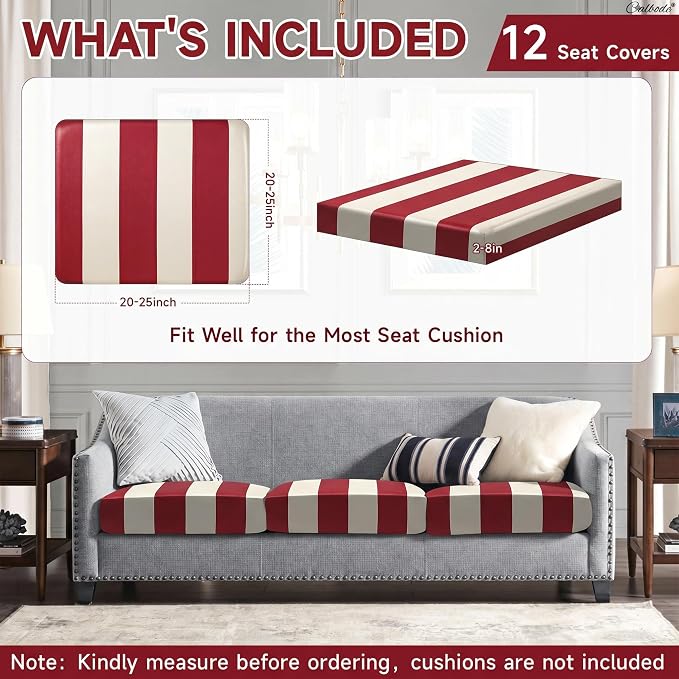 CALBODE 12 Pcs Stretch Outdoor Seat Cushion Covers, Washable Striped Chair Seat - Image 2