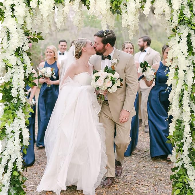 Wisteria Artificial Flowers Garland, 2Pcs Total 14.4ft Silk Faux Wisteria Vine Kit, Hanging Flower Plant for House Outdoor Garden Ceremony Outside Wedding Arch Floral Decor (2, White)