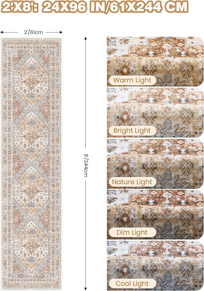 Runner Rug 2x8 Runners for Hallways Vintage Washable Rugs, Low Pile Soft - Image 2