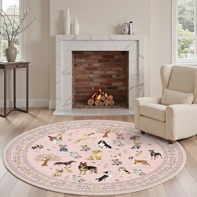Pink 4Ft Round Dogs Area Rug for Living Room Bedroom | Stain Resistant; Non - Image 4