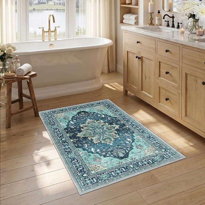 RELEANY Washable Area Rug, Small 2'6"x4', Teal | Non-Slip, Water Repellent by RELEANY