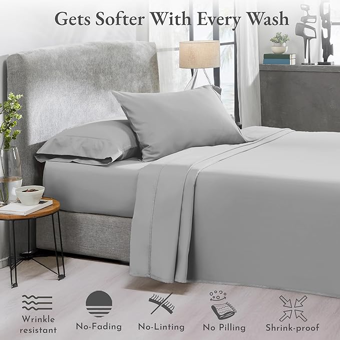California Design Den 2-Pack Twin Cotton Sheet Sets - 400 Thread Count 100% Cotton Sateen - Extra Soft, Breathable & Cooling Sheets, Wrinkle Resistant, 2 Sets of Deep Pocket Bed Sheets - Light Grey