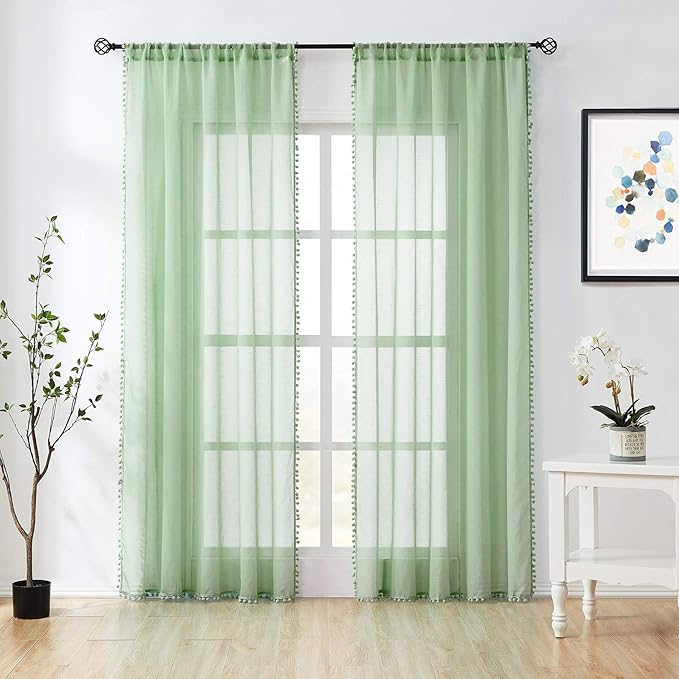 Treatmentex Pom-Pom Green Sheer Curtains for Bedroom 95inches Long Tassle Linen Textured Window Curtain Panels for Living Room Kids Room Kitchen 52" w, 1 Pair, Rod Pocket,Sage Green