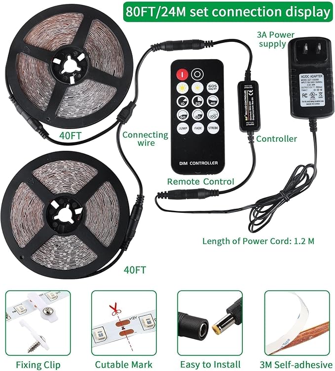 80ft Black Lights Strip with Remote, 1440 LEDs, 12V Flexible Blackights for Glow Party, Adjust Brightness, Delay Off, 3 Light Modes, Indoor Fluorescent Party, Stage Lighting