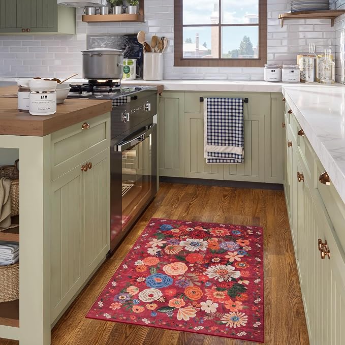 Red Floral Area Rug 2x3 for Bedroom Kitchen | Ultra-Thin; Boho Style; Low Pile; - Image 3