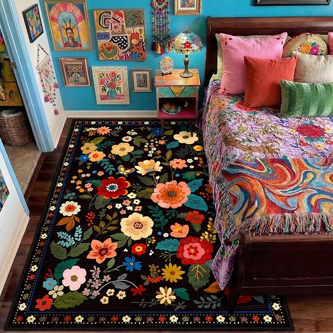 RELEANY Floral Washable 4x6 Area Rugs Black | Flower Carpet Print Boho Cute Non - Image 3