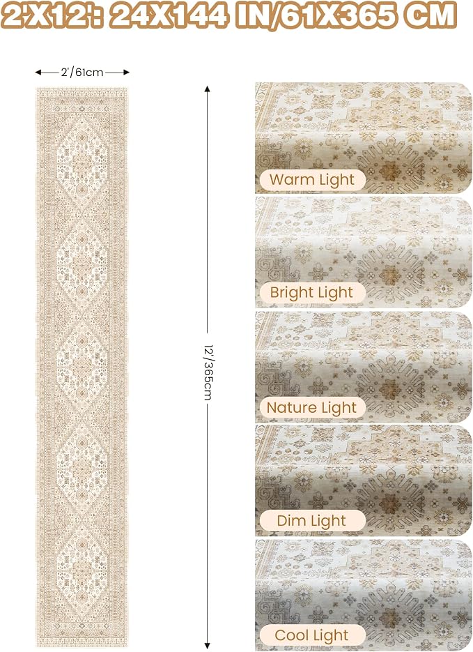 Hallway Runner Rug 2x12 Extra Long Washable Runner, Cream/Beige | Vintage Rug - Image 2