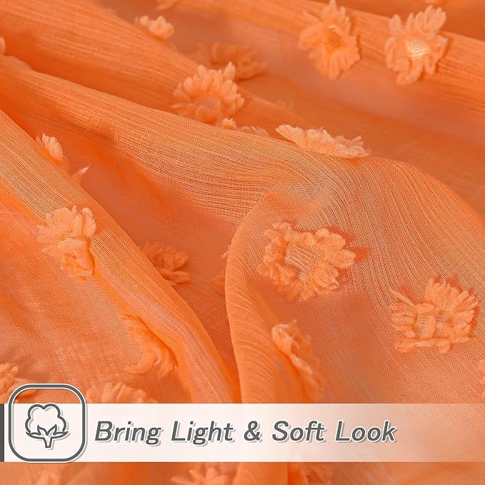 MYSKY HOME Pom Pom Orange Sheer Curtains for Bedroom Girls Room Curtains for Nursery Kids Light Filtering Boho Window Drapes, Rod Pocket, 52 x 95 Inches, 2 Panels