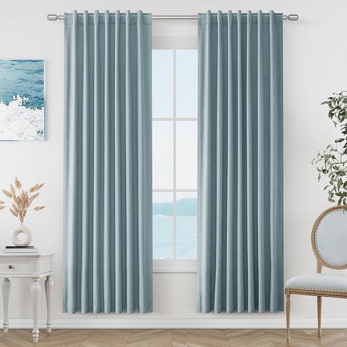 Blue 100% Blackout Linen Curtains 80 Inch Length 2 Panels Set by Guken