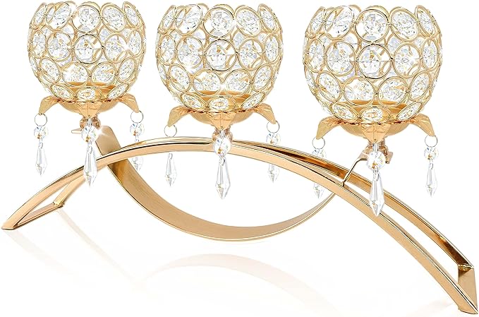 Set of 3 Gold Crystal Tea Light Candlestick Holders Flower Shape with Crystal Pendant Bowl Votive Metal Candle Holder for Table Centerpieces Wedding Home Decor (Gold, 3 arm)