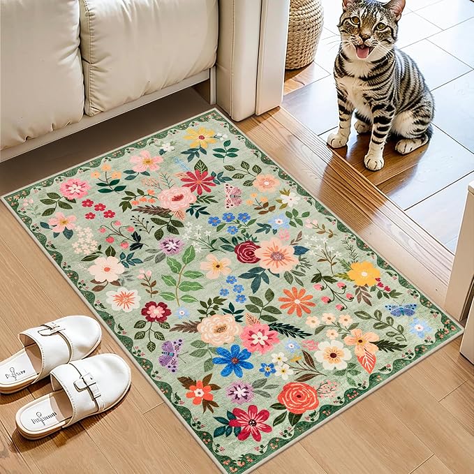 PLHXFR 2x3 Small Entryway Rug: Floral Washable Indoor Soft Carpet Green | - Image 2