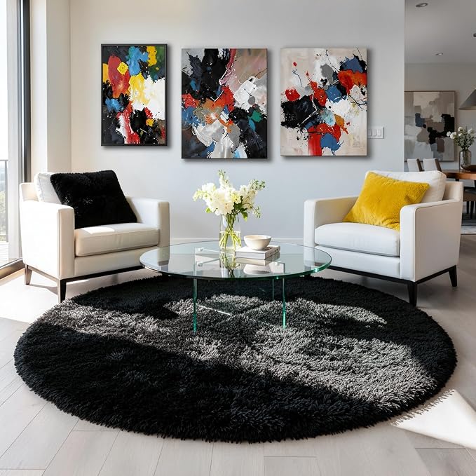 Amdrebio Black Fluffy Big Round Rug 6Ft - Image 3