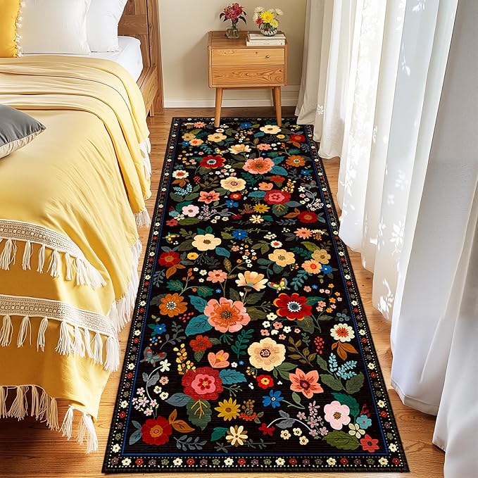 Floral Washable 2x8 Area Rugs Runner Entryway Hallway Black | Flower Carpet - Image 6