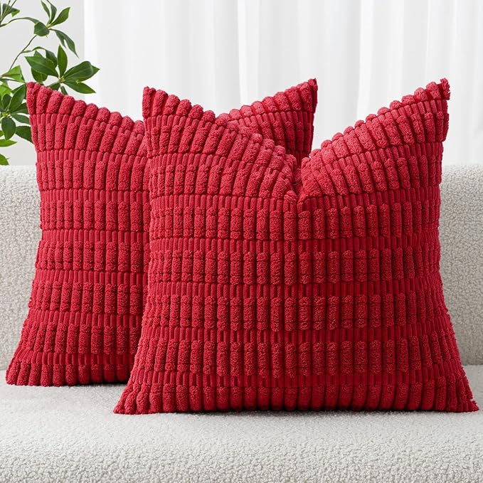 MIULEE Corduroy Decorative Throw Pillow Covers 18x18 Red Pack of 2 | Soft Boho by MIULEE