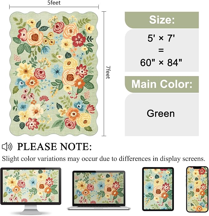 DUKINO 5x7 Area Rugs for Bedroom, Floral Washable Rug Non Slip, Stain Resistant - Image 2