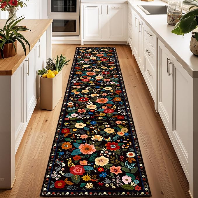 Floral Washable 2x10 Area Rugs Runner Entryway Hallway Black | Flower Carpet by RELEANY