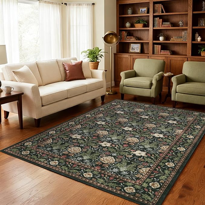 GarveeHome Green Washable Area Rug 5x7, Retro Floral Low Pile Non Slip Living - Image 8