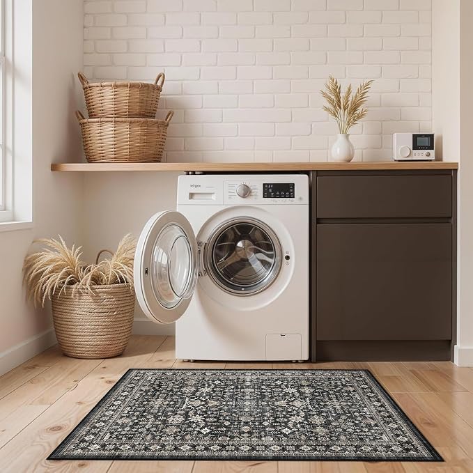 Grey Area Rug 3x5 for Bedroom Kitchen | Low Pile; Non Slip;Machine Washable; - Image 3