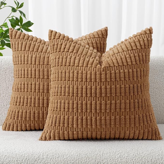 MIULEE Corduroy Decorative Throw Pillow Covers 16x16 Brown Pack of 2 | Soft by MIULEE
