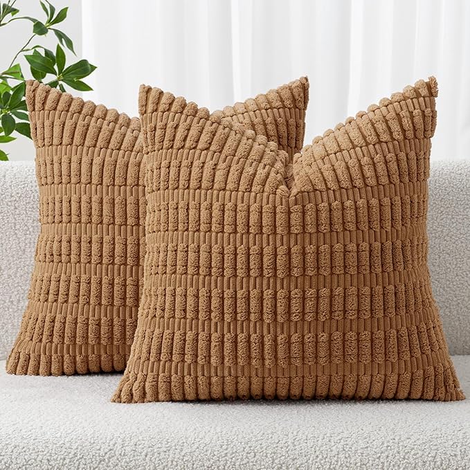 MIULEE Corduroy Decorative Throw Pillow Covers 18x18 Brown Pack of 2 | Soft by MIULEE
