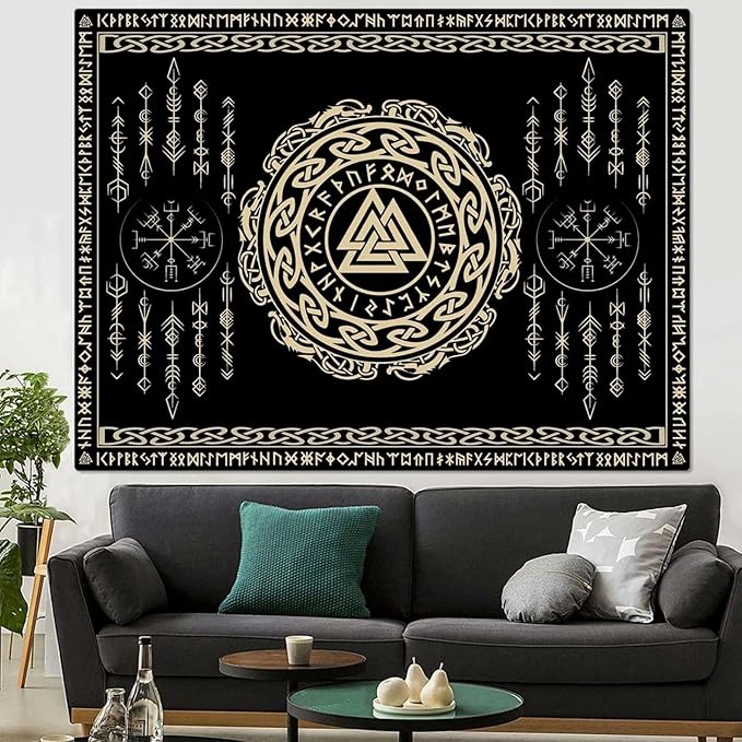OSUNBD Nordic Viking Tapestry Wall Hanging - Small 60x40inches Soft Flannel with Valknut, Celtic Runes & Norse Mythology Scandinavian for Bedroom, Living Room Decor