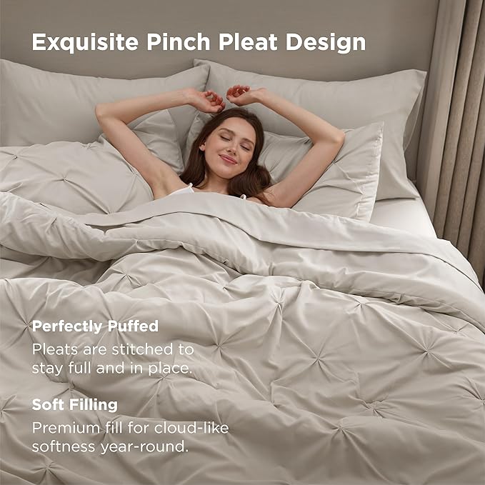 Bedsure Twin Comforter Set Linen - Bed in a Bag Twin Size Bedding 5 Pieces, GentleSoft™ Pintuck Bed Set Gift for Family, Pinch Pleat All Season Comforter with Sheets, Pillowcases & Shams