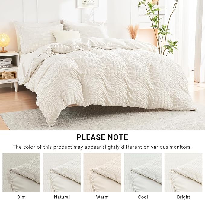 HYMOKEGE Ivory Full Size Comforter Sets Seersucker 7 Pieces, All Season Luxury Bed in a Bag for Bedroom, Bedding Set with Comforters, Sheets, Pillowcases & Shams