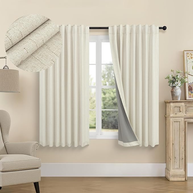 Short Linen Blackout Curtains for Bay Windows 48 Inch Length Bedroom Living by Pitalk