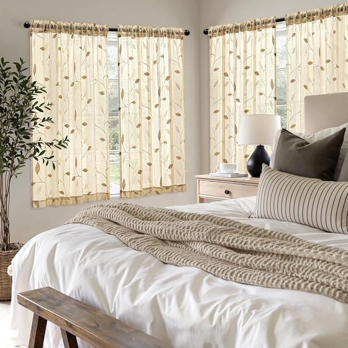 MIULEE Beige Sheer Curtains 2 Panels Embroidered Leaf Patterned, W52 x L54 | - Image 7