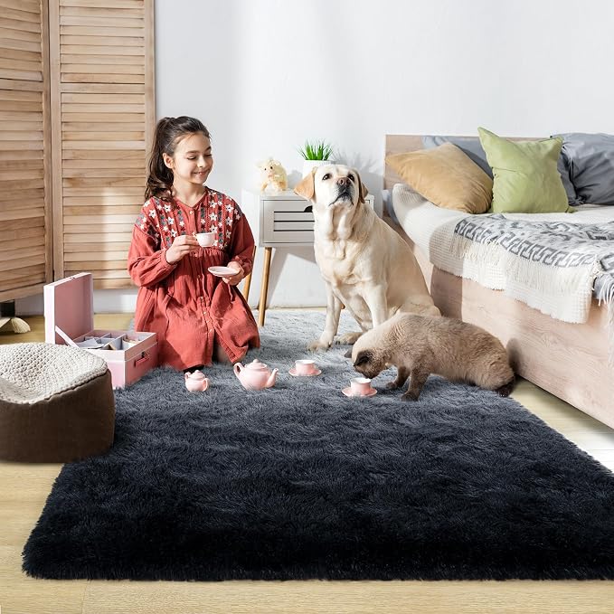 4x6 Black and Grey Fluffy Soft Area Rug Non-Slip - Image 3