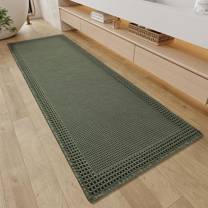 RESARE Waffle Bathroom Runner Rugs, Non Slip Boho Bath Mat 24"x60" Green | Long by Resare